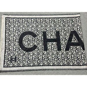 NWT Chanel cashmere silk shawl large scarf black white logo camellia floral